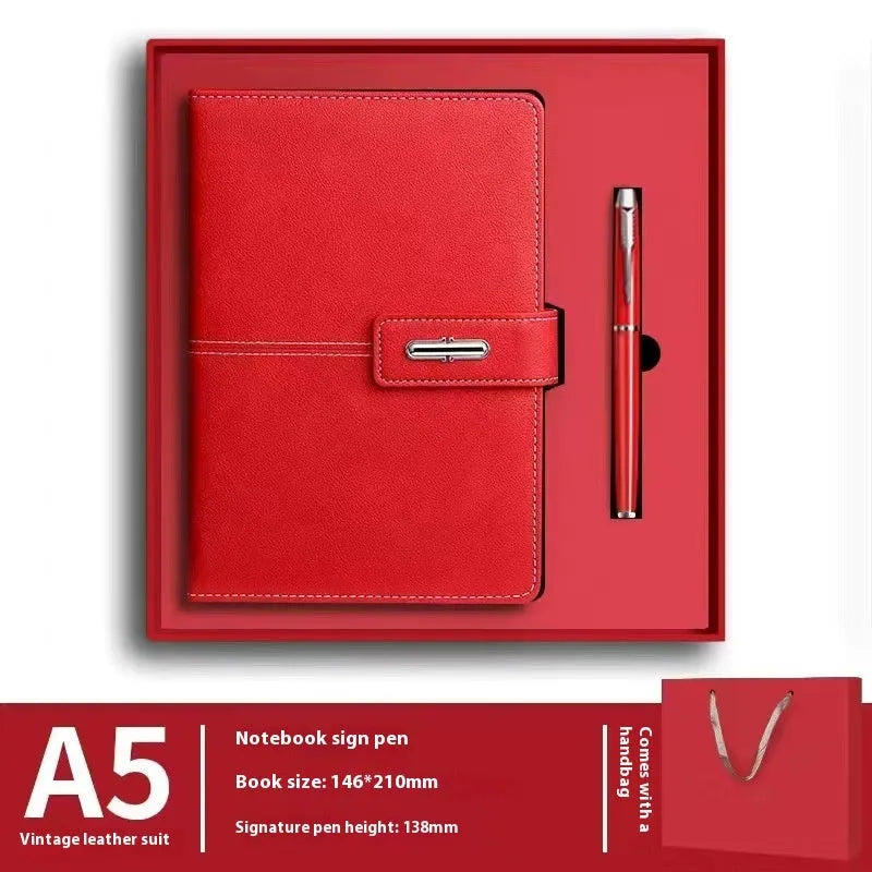 A5 notebook with PU leather cover in one of six colour options, showing wood-free paper inside.