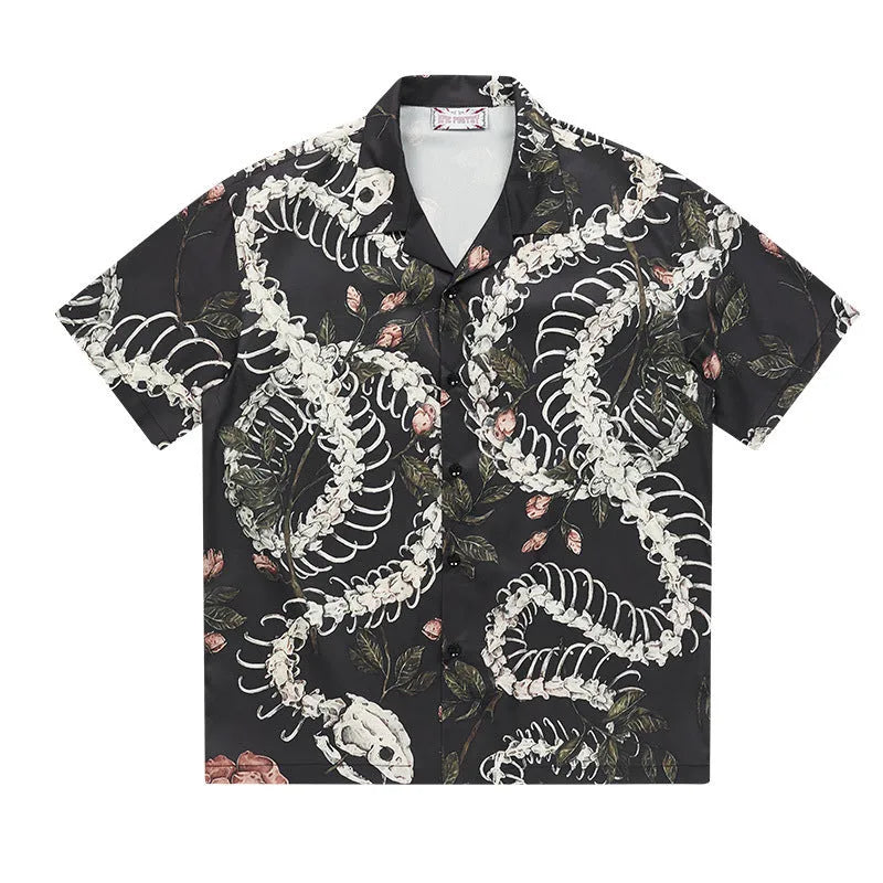 Men's short sleeve Cuban collar shirt featuring a snake bone and floral printed pattern in a loose fit.