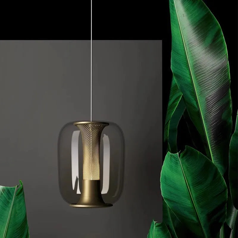 Nordic minimalist chandelier with glass shade in clear, cognac, or smoky grey colour