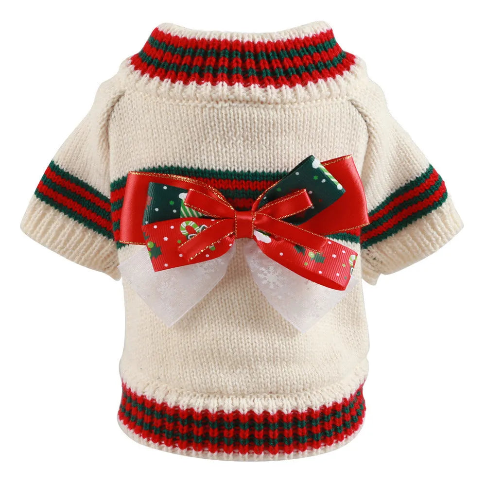 Dog wearing red Christmas jumper with weight-based sizing guide for festive pet clothing