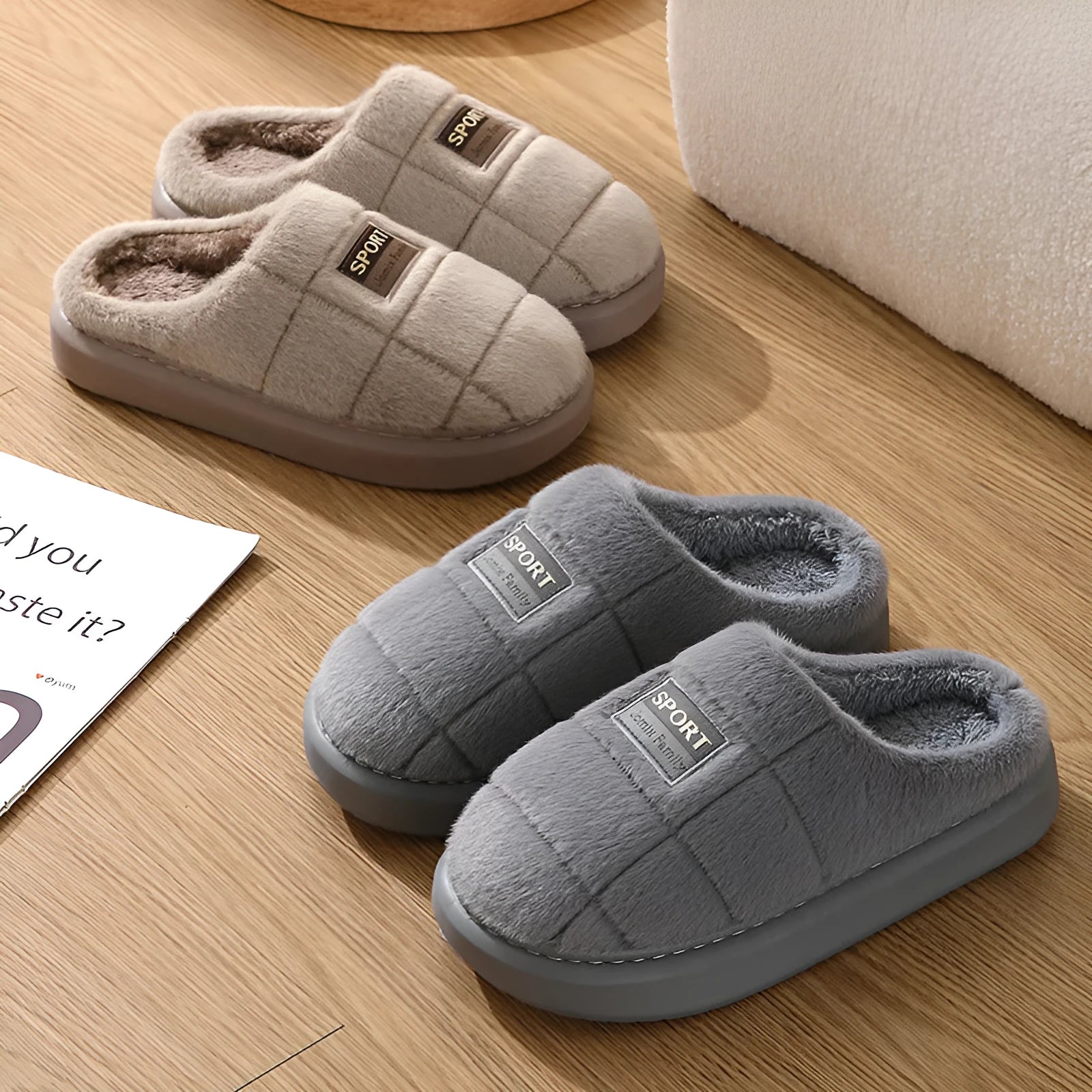 Men's plaid pattern rabbit hair winter slippers with thick EVA sole shown in grey colour