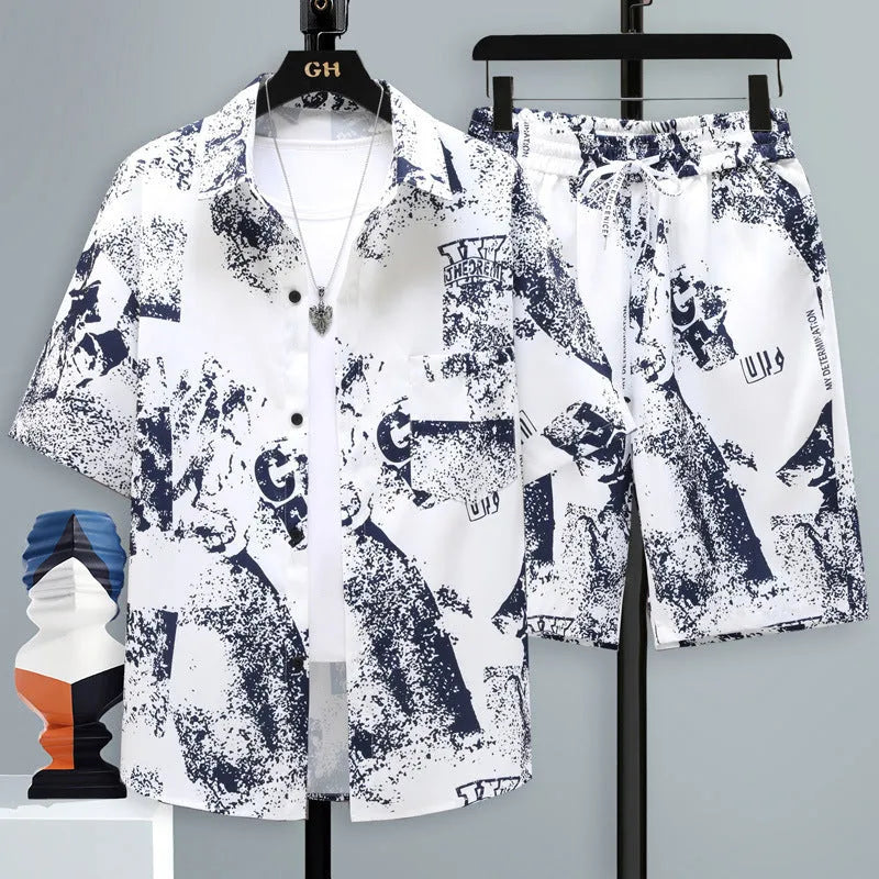 Men's grey casual polyester sports set with short sleeve top and shorts on a hanger.
