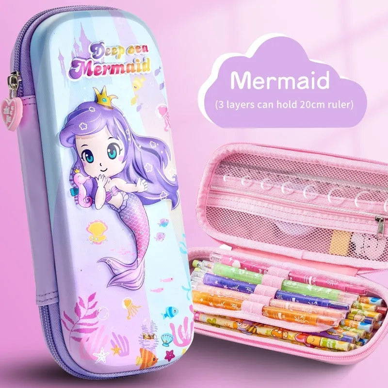3D leather pencil case with decorative design options including astronauts, dinosaurs and mermaids
