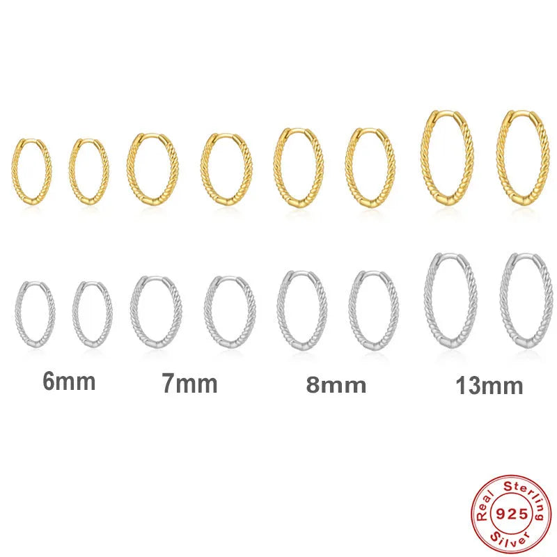 S925 sterling silver twisted string round ring stud earrings in gold and white gold finishes.