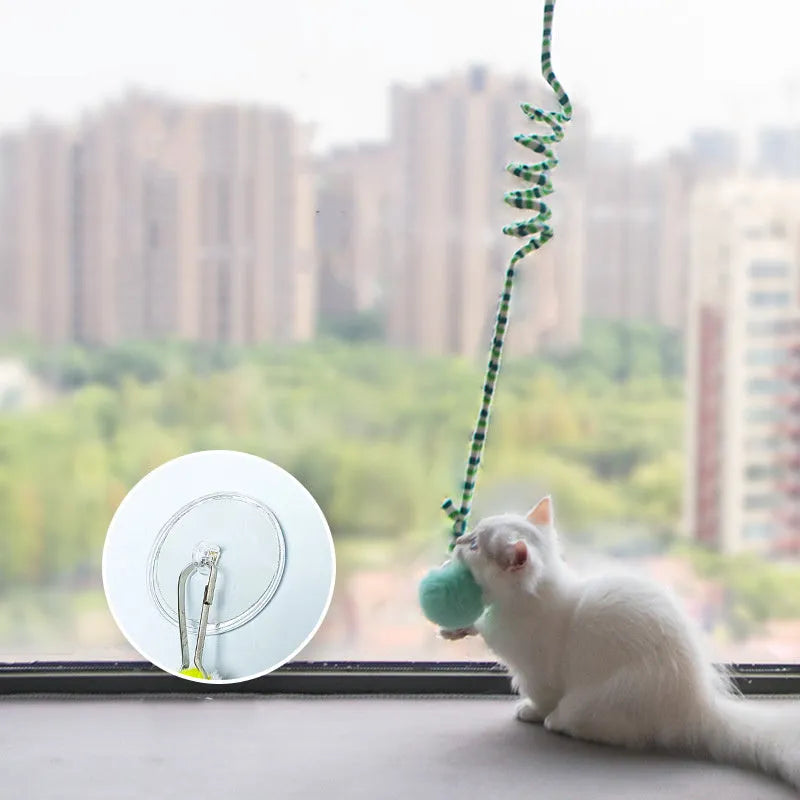 Spring cat toy with coloured inflatable ball and bell hanging from suction cup on glass door