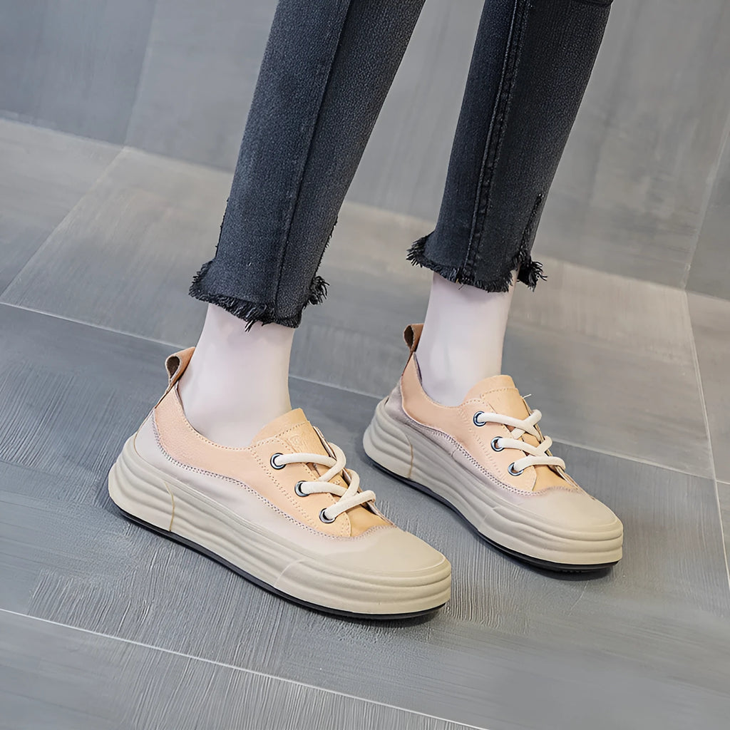 Women's solid colour leather platform sneakers in matcha, purple, or orange with front lace-up.