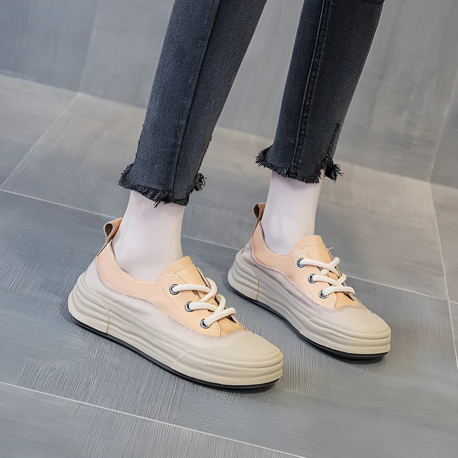 Women's solid colour leather platform sneakers in matcha, purple, or orange with front lace-up.