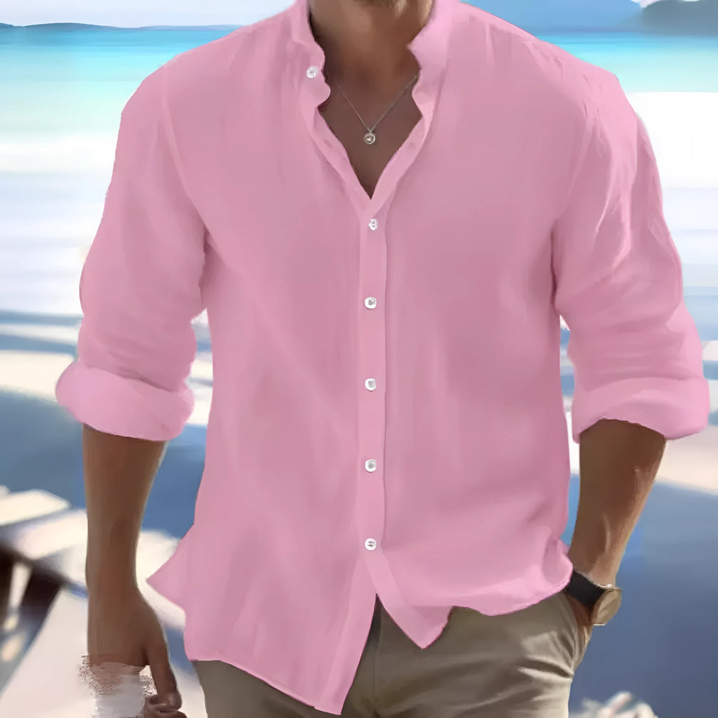 Men's long-staple cotton button summer beach shirt on a hanger, showing casual collar and front.