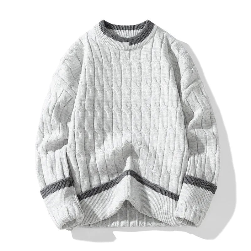 Men's loose fit two piece modal acrylic blend sweater set in light blue on a hanger.