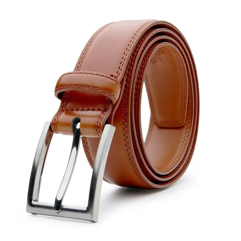 Men's genuine leather casual belt with an alloy buckle shown in 95 grain brown, displayed with length options.