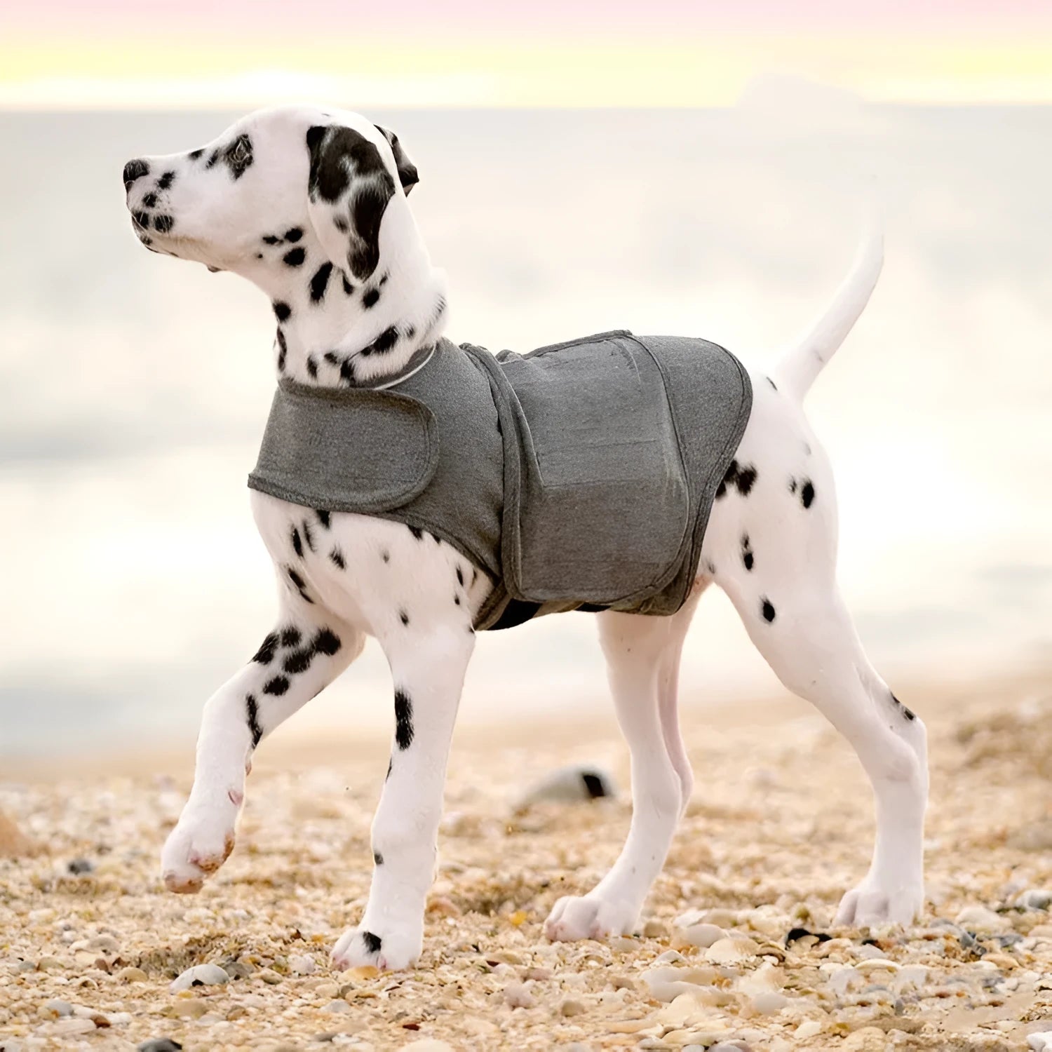 Heather grey dog anxiety jacket and warm vest made from brocade cotton fabric on a medium-sized dog.