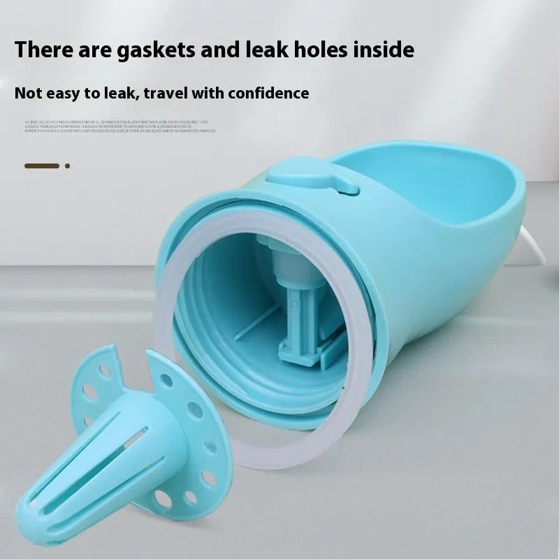 Blue plastic portable dog drinking cup with integrated food storage compartment for walks and travel