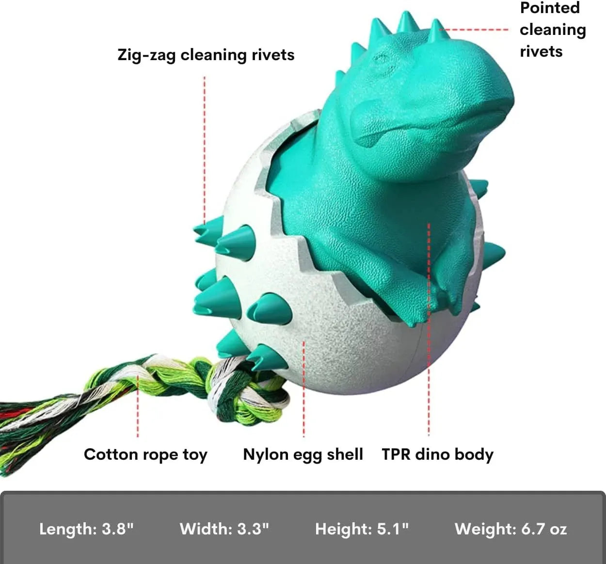 Durable dinosaur design dog chew toy with rope in blue, green, orange, or yellow colours