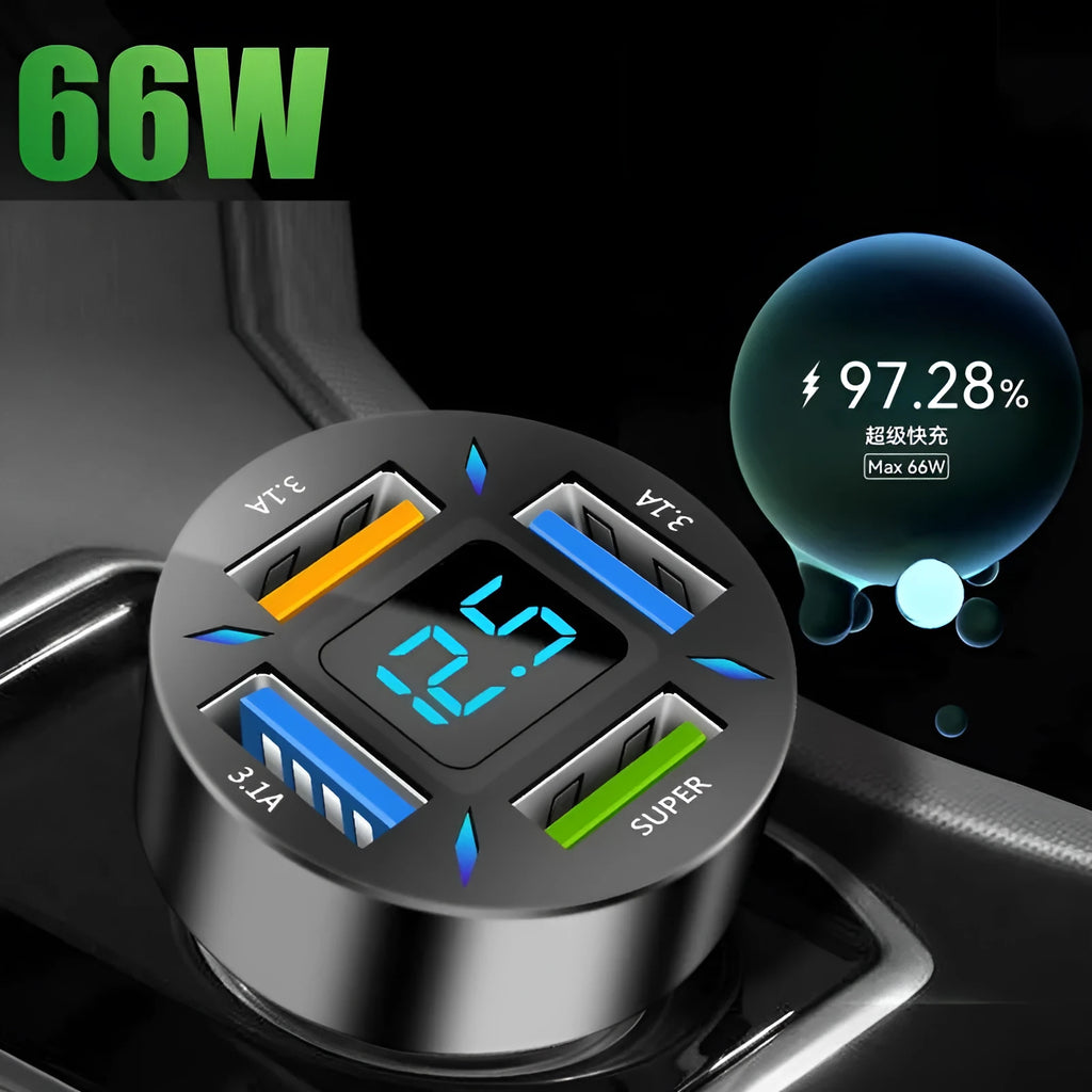 Black four-port USB car charger with digital LED display plugged into a car dashboard socket.