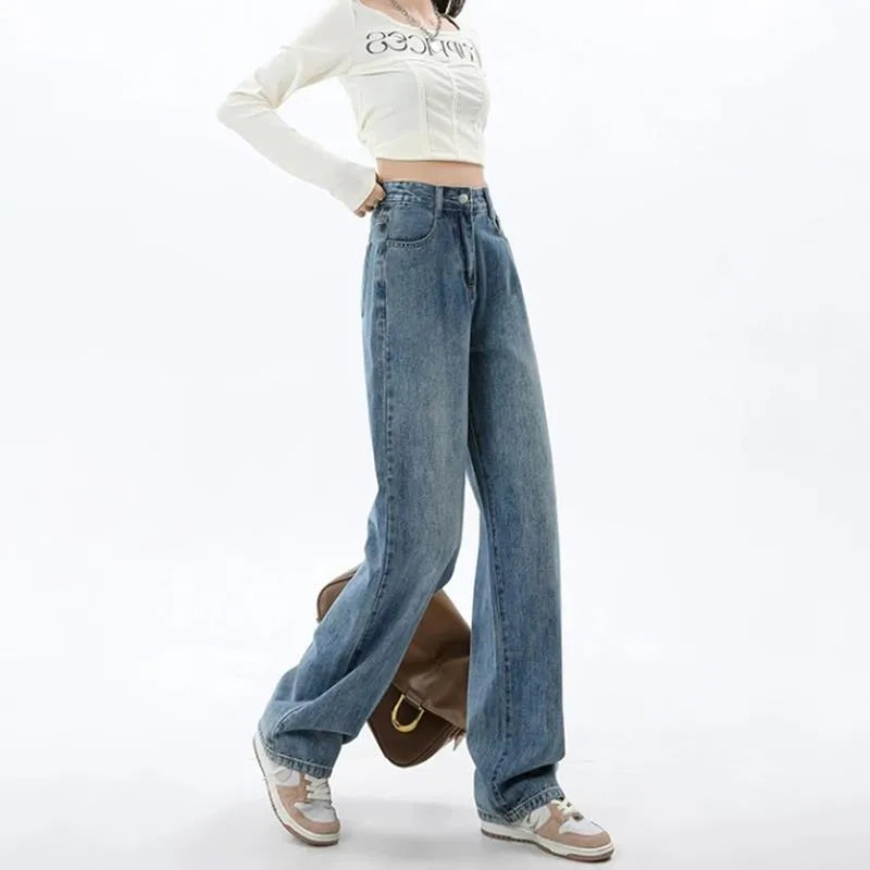 Women's retro blue high-waist wide-leg jeans with straight cut on a model