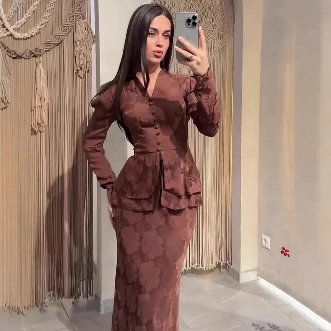 Dark brown artistic retro long sleeve dress with floral pattern and button details