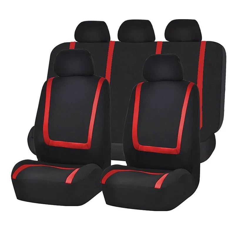 Universal fabric car seat cover set showing headrest and seat cushion covers in a two-tone colour option.