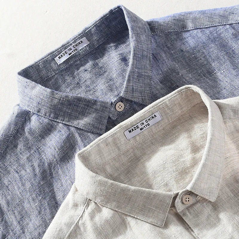 Men's casual linen shirt with square collar and short sleeves in cardigan style