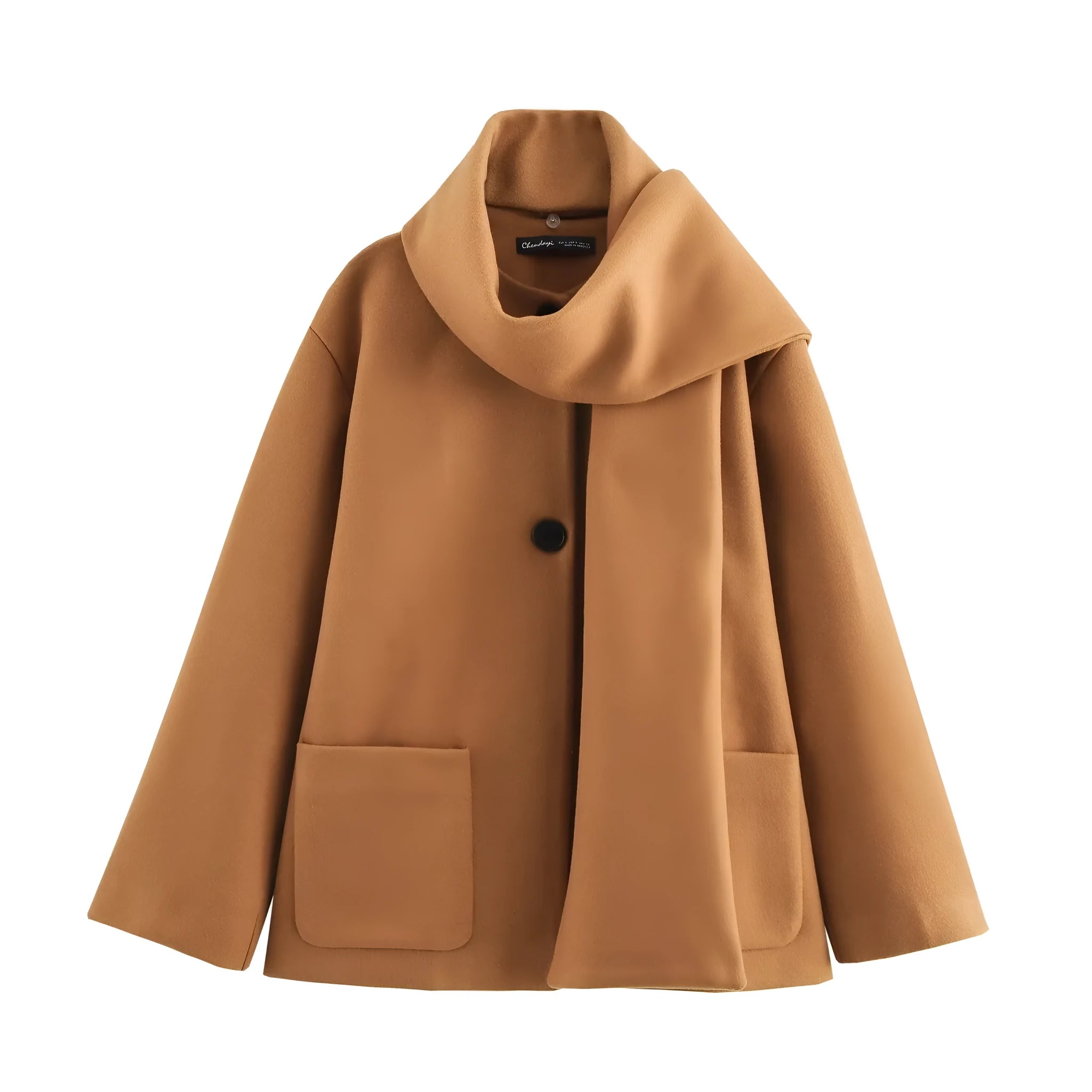 Women's long black overcoat with an artificial fur collar, shown with side pockets.