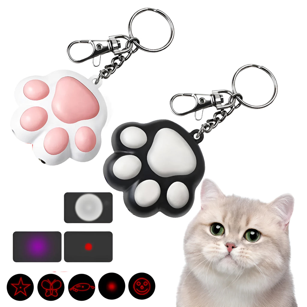 Black or pink infrared cat teaser key chain toy with USB charging port measuring 5 x 2.5cm