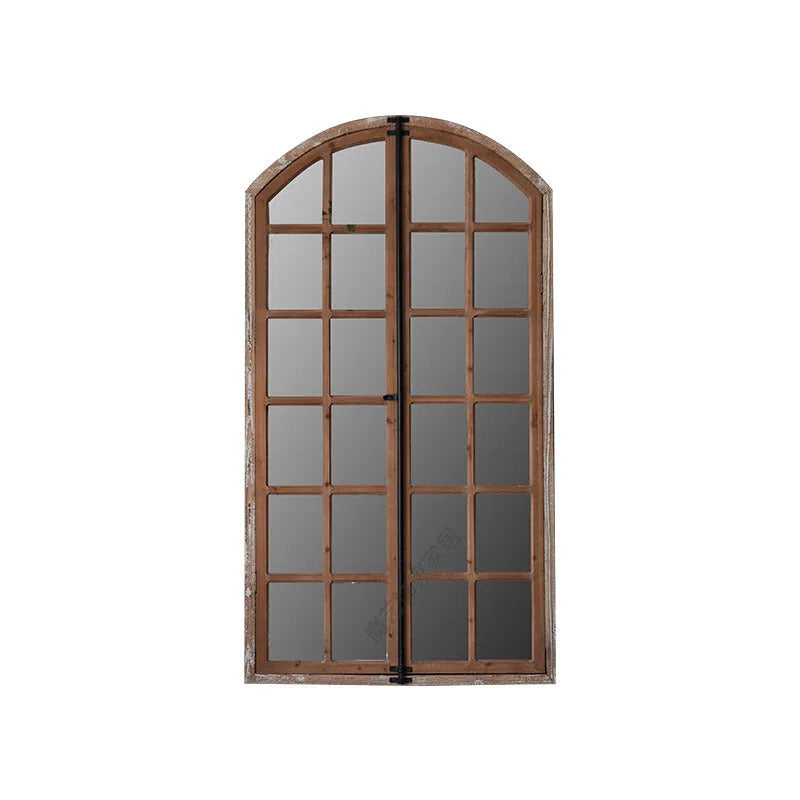 Distressed log colour wooden fake window style wall mirror with rustic frame.
