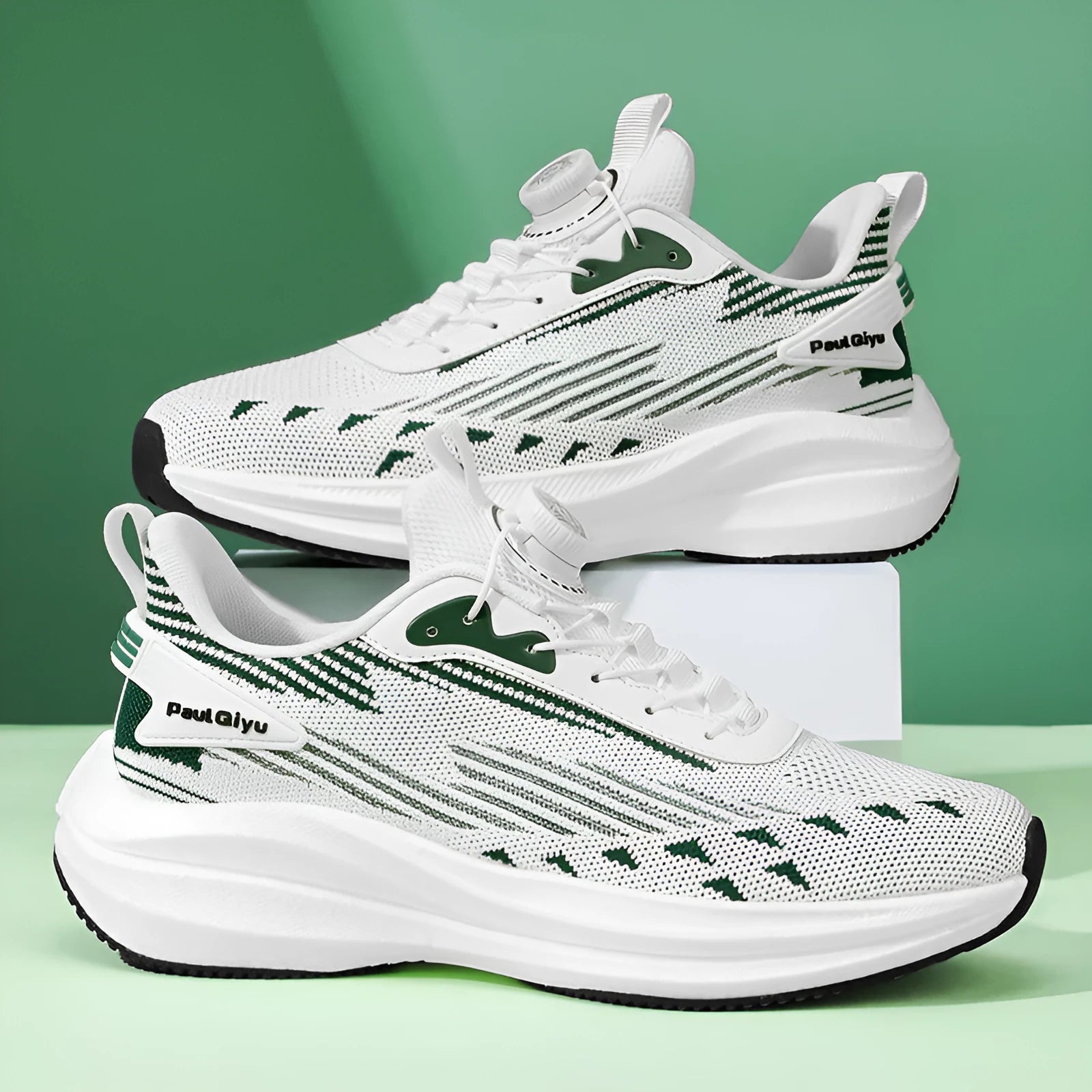 Men's white green rotating buckle fly-kit mesh casual sports running shoes with TPU sole