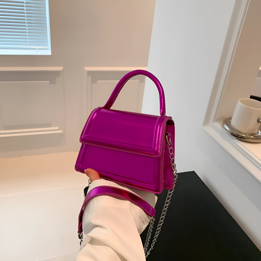 PU leather crossbody bag with horizontal square shape and sewing line detailing