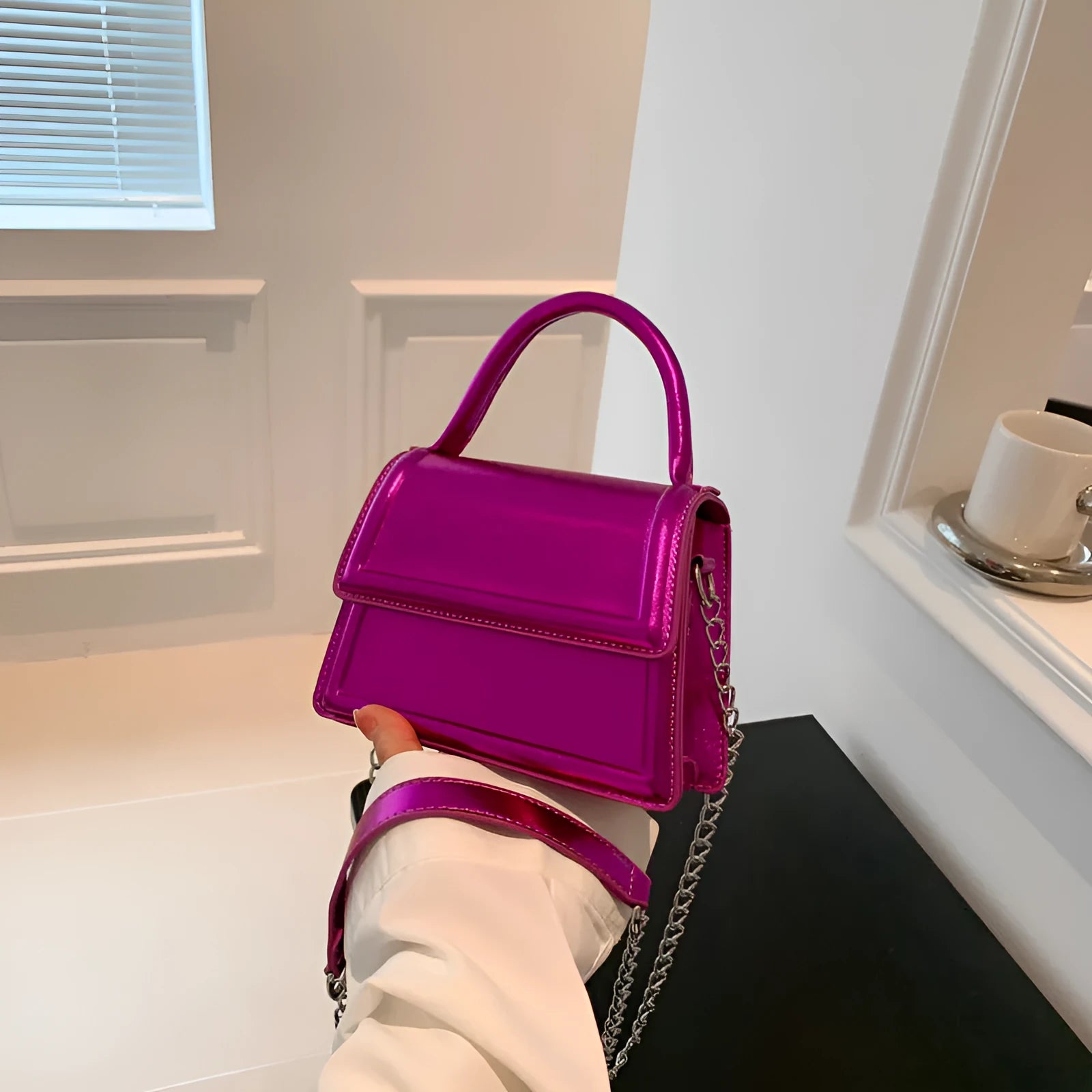 PU leather crossbody bag with horizontal square shape and sewing line detailing