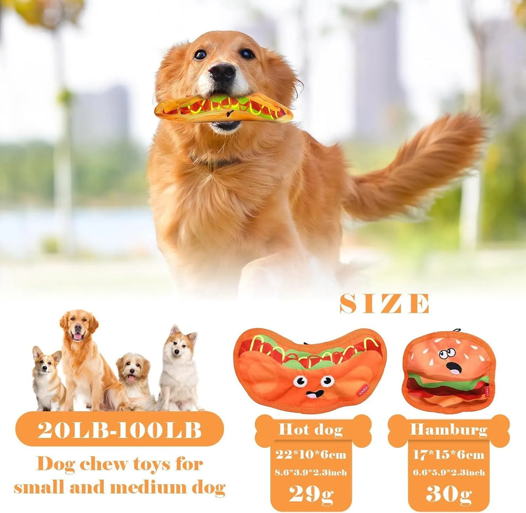 Crinkle and squeaker dog toy in hamburger shape with no stuffing