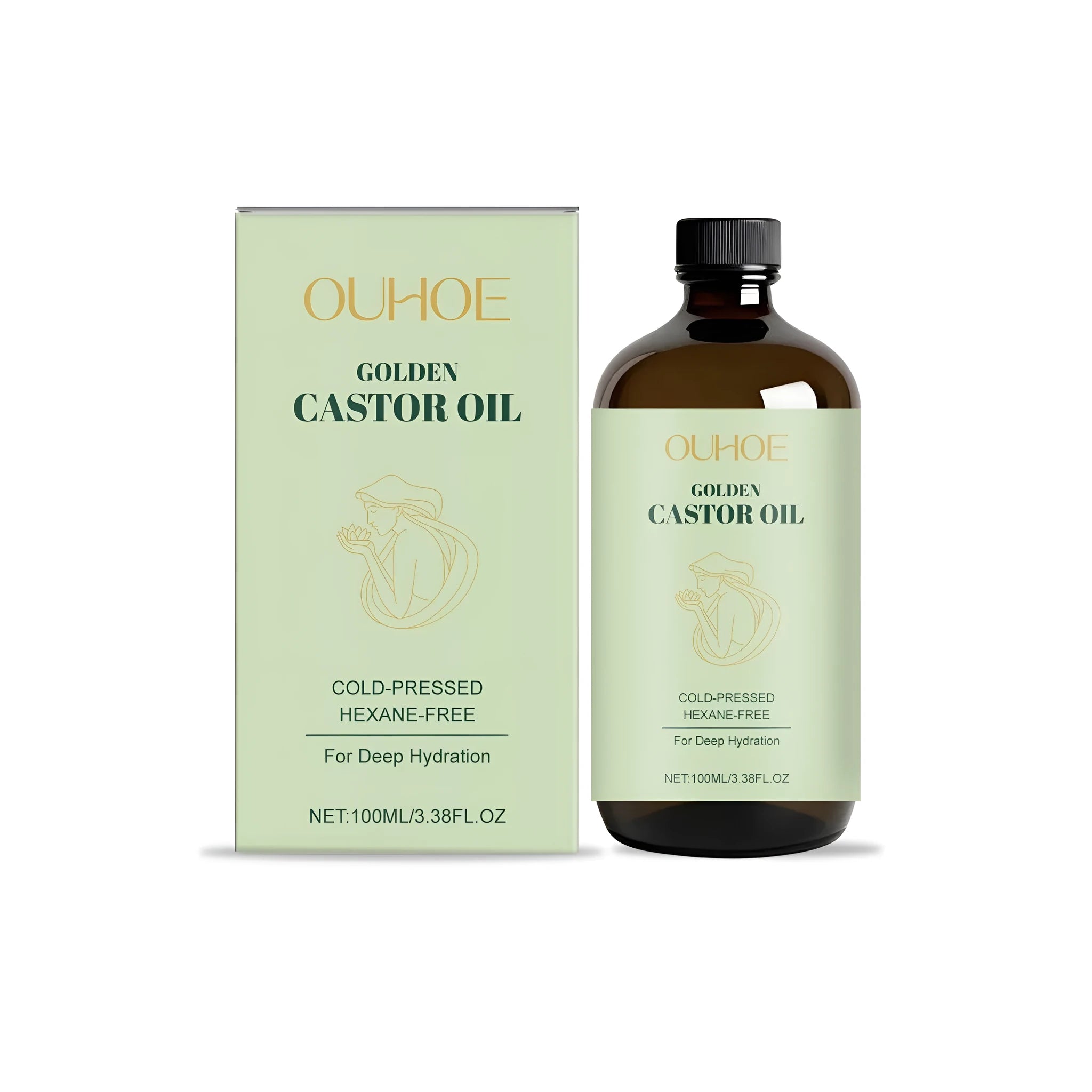 100ml bottle of golden coloured castor oil for hair and skin care.