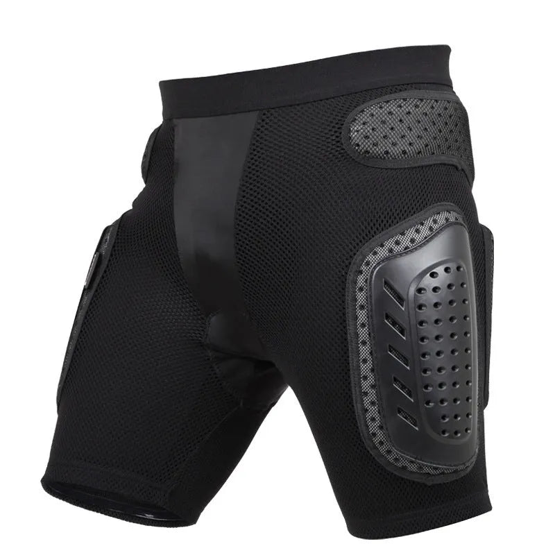 Black cycling hip protection pants showing hip padding areas and four size options