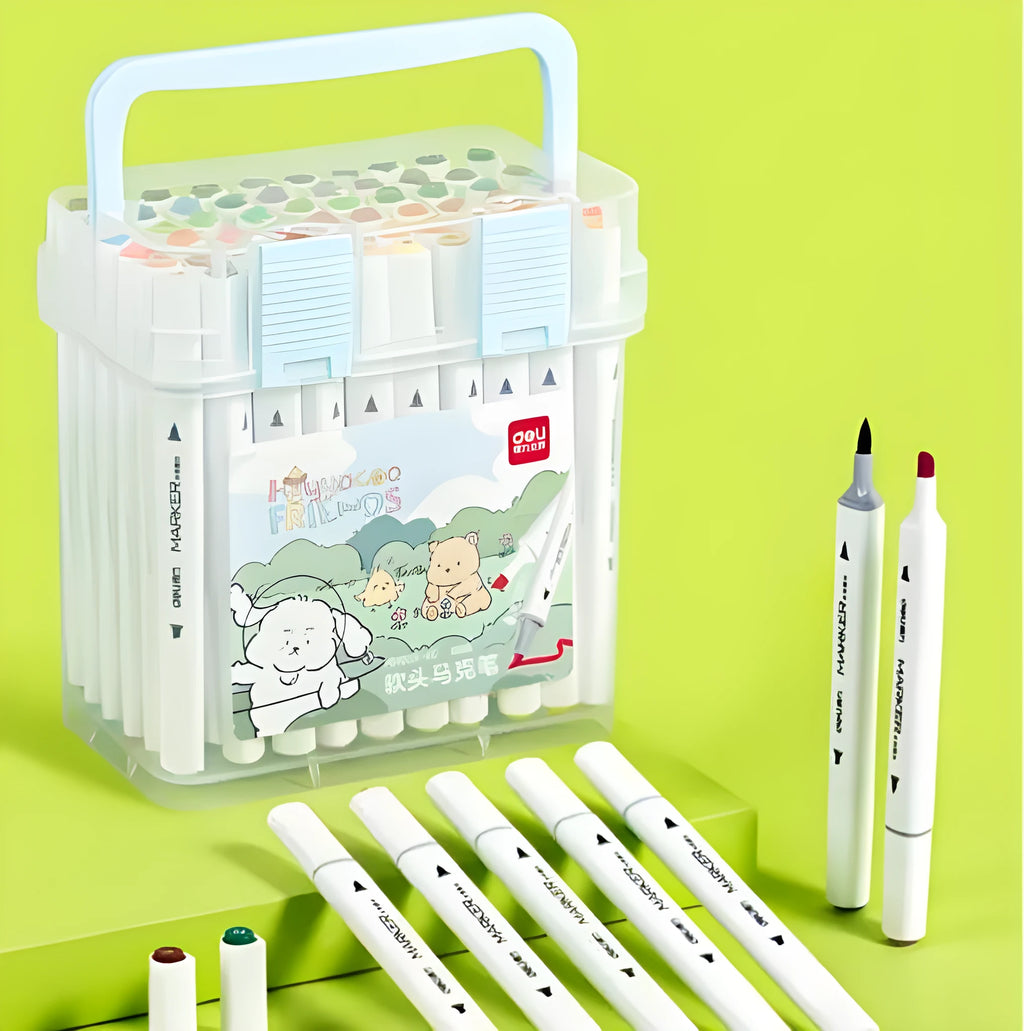 Double-head watercolour pen set showing black barrel, elastic soft tip, and 150mm length with cap