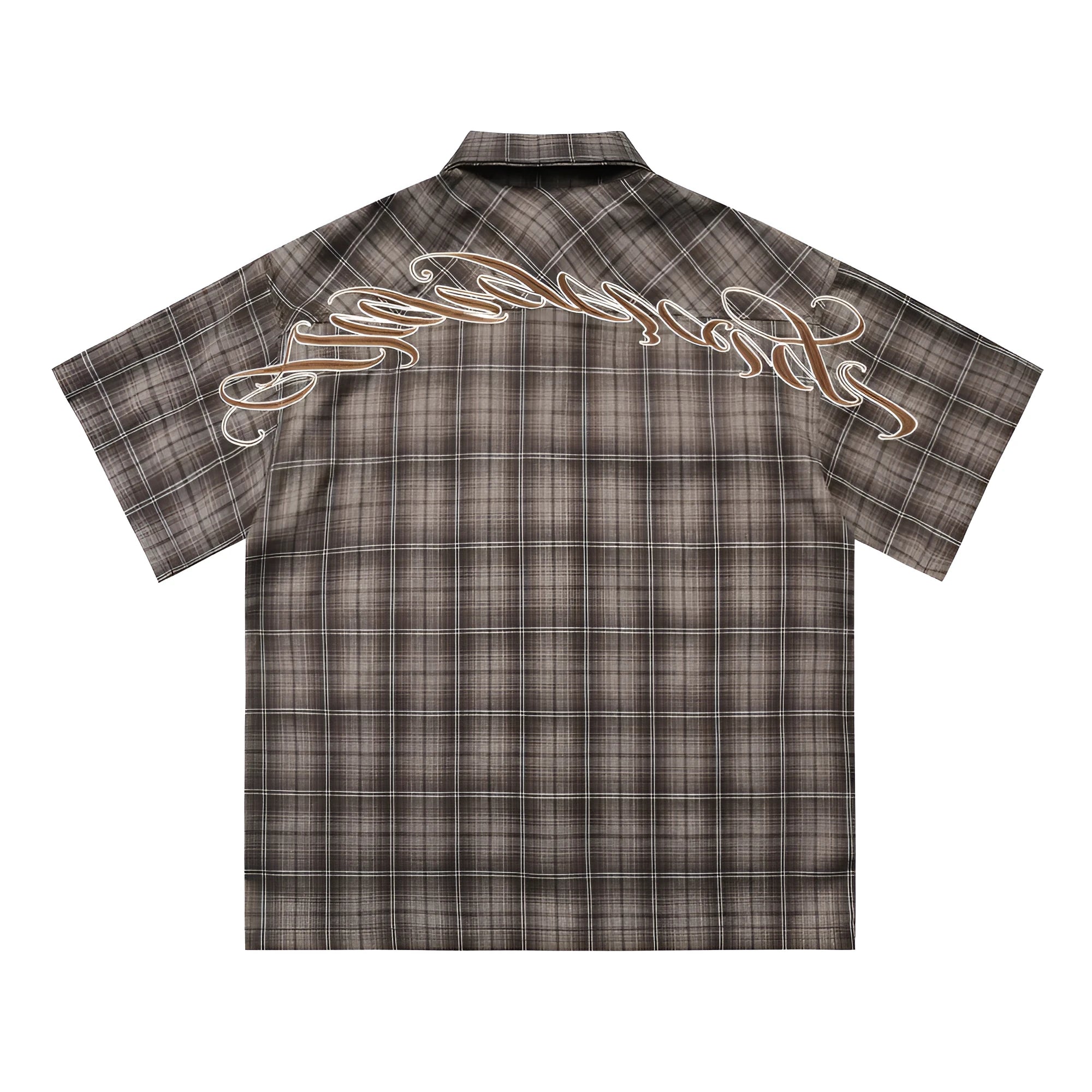 Men's black and brown plaid short sleeve shirt with embroidered lettering and lapel collar.