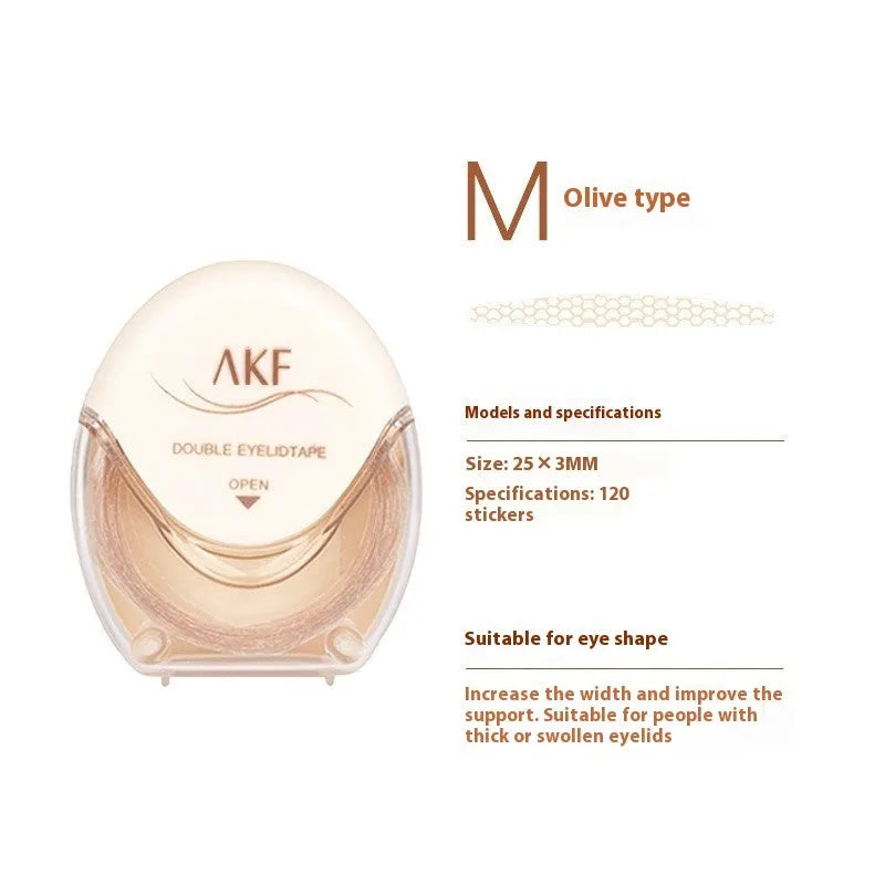 Clear double eyelid stickers on a roll, showing the invisible lace material in Crescent and Olive shapes.