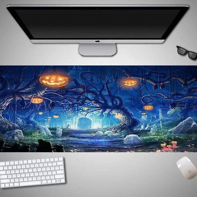 Halloween-themed oversized mouse pad showing rubber cloth texture and non-slip base