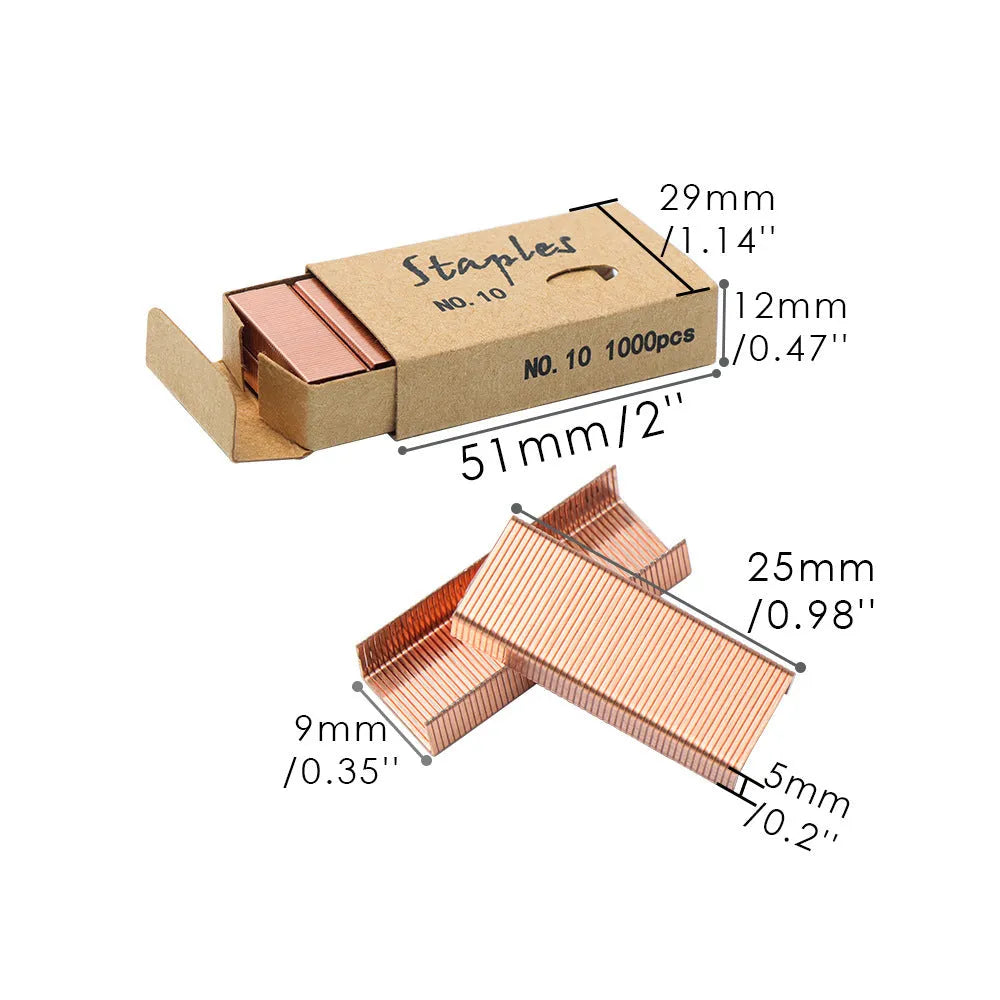 Box of 1000 metal office staples in rose gold, black, purple, and rose red colour options.