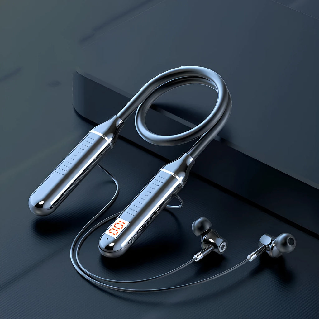 Wireless Bluetooth sports headset with neckband design and power display card in four colour options.