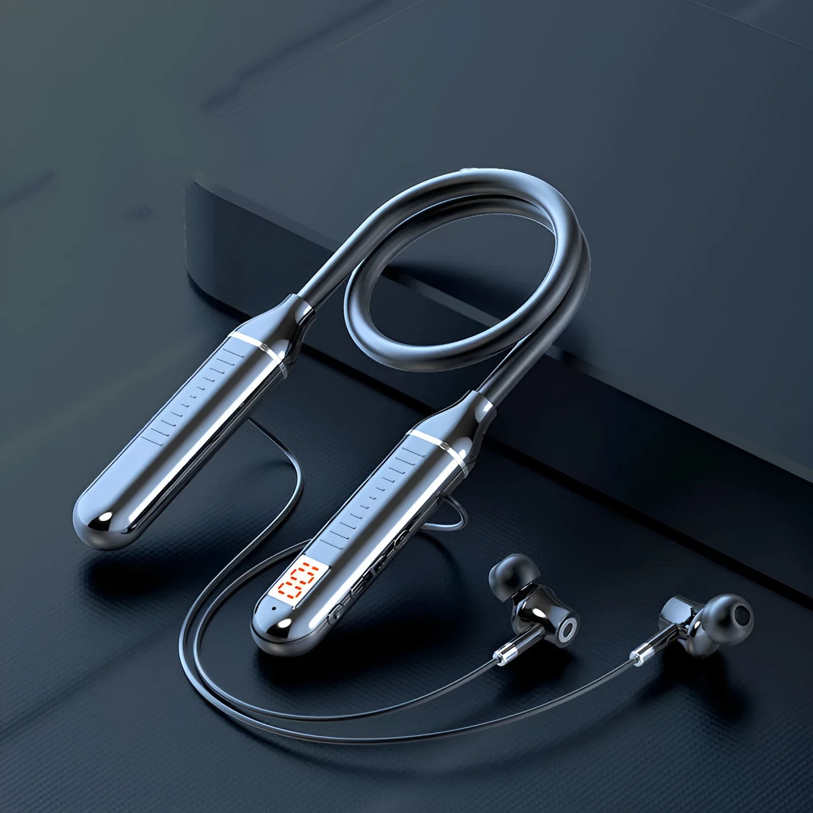 Wireless Bluetooth sports headset with neckband design and power display card in four colour options.