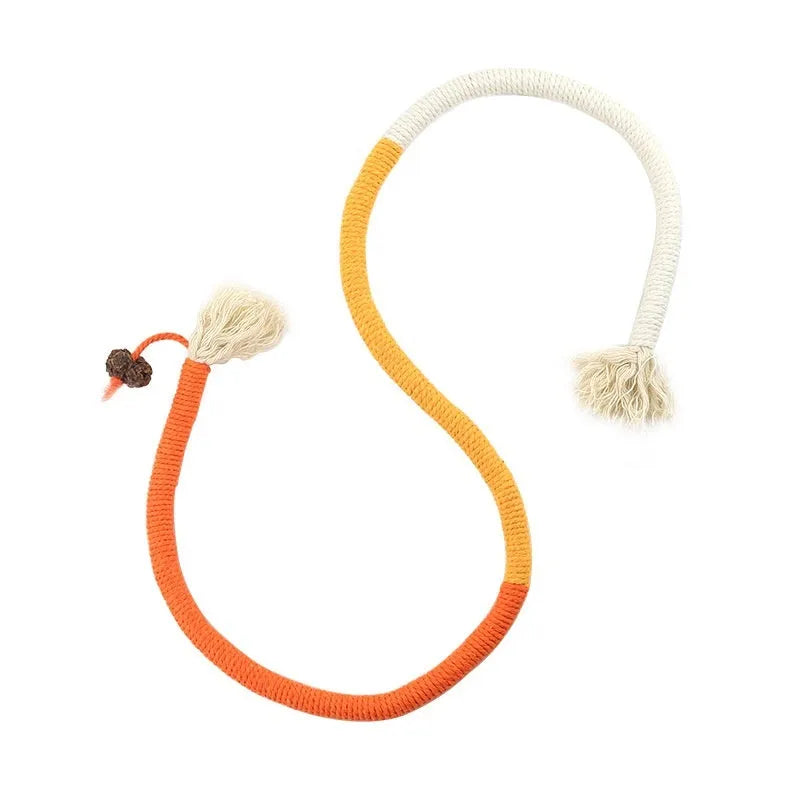 Cat bite rope toy in cotton thread with cat teaser stick, available in full orange absolute purple and traffic lights colours