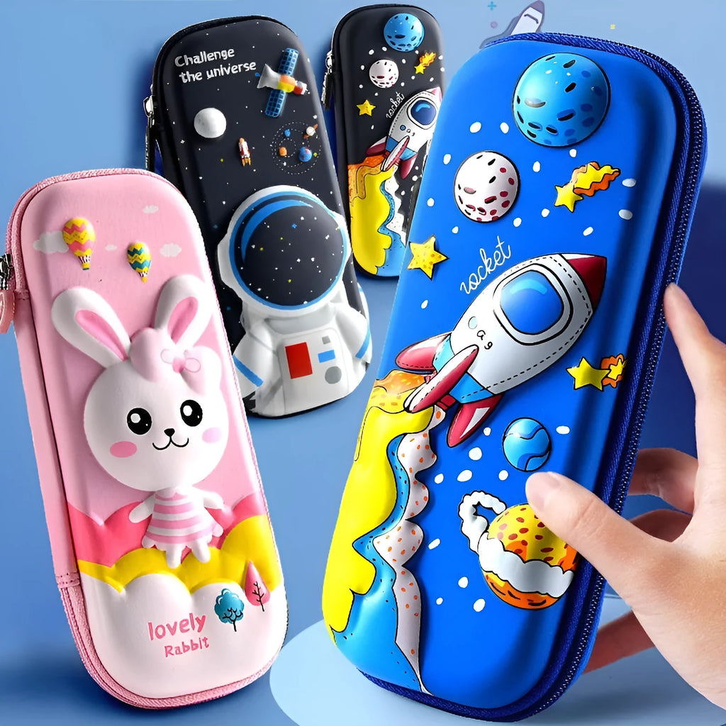 3D leather pencil case with decorative design options including astronauts, dinosaurs and mermaids
