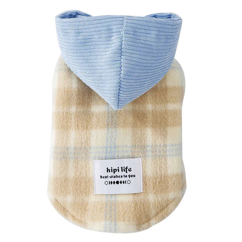 Blue chessboard grid corduroy hooded traction vest for small dogs with sizing guide