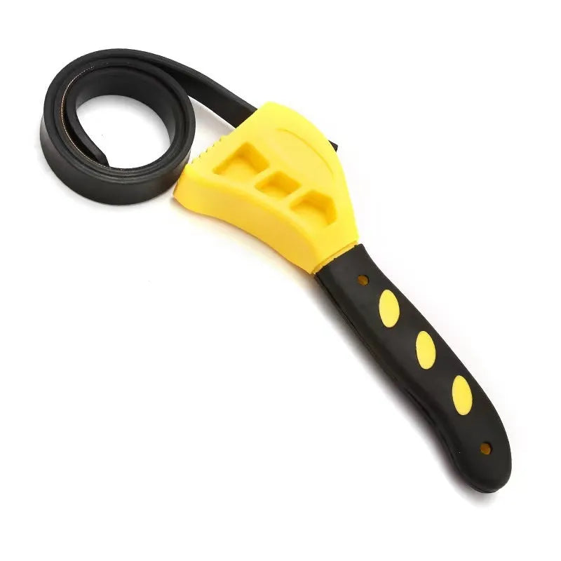 Adjustable rubber strap wrench set with 6-inch and 8-inch sizes on a workbench