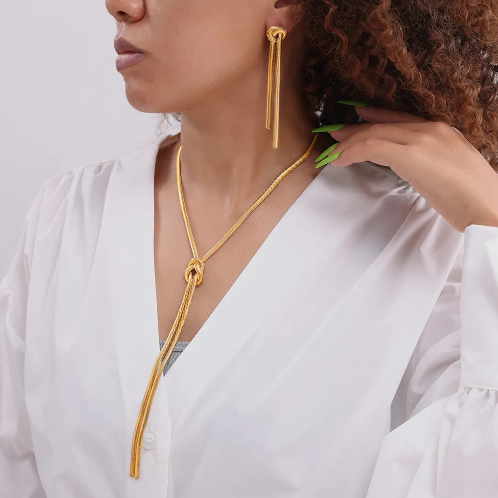 Gold knotted tassel snake chain long necklace with matching earrings set for women