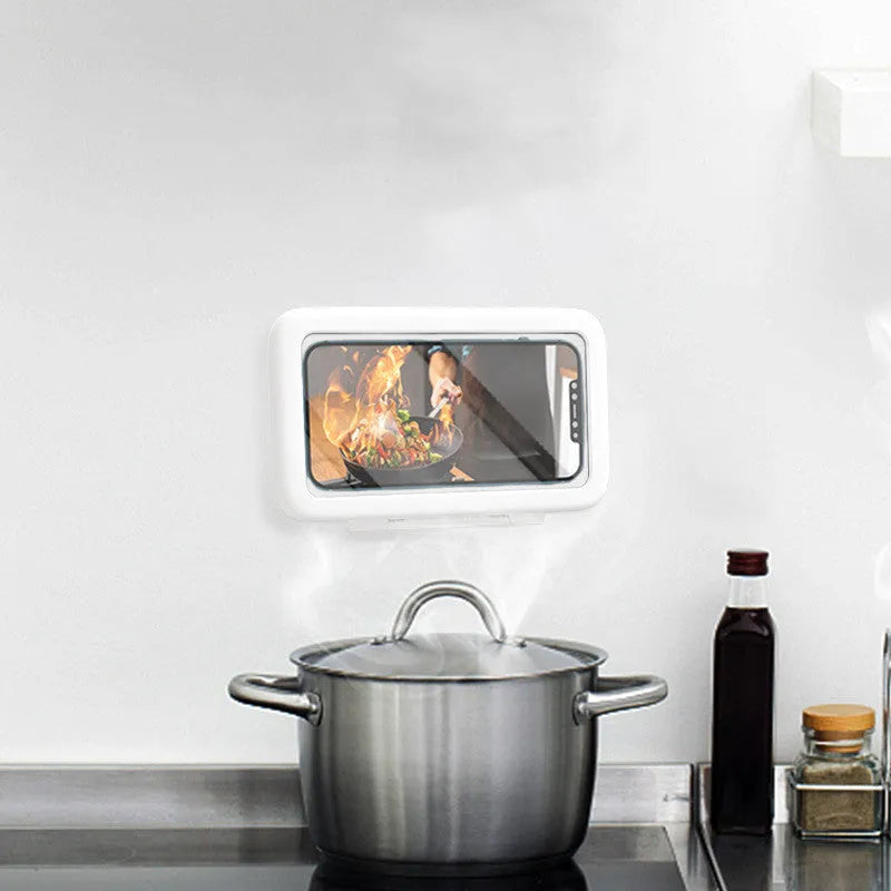 Waterproof phone holder for bathroom and kitchen with touch screen and anti-fog window