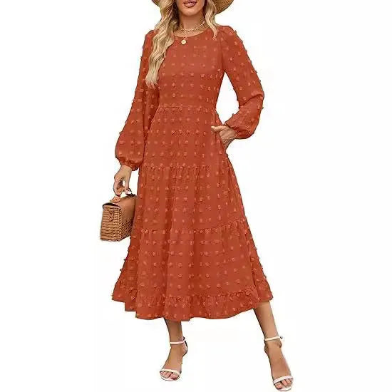 Women's beige long sleeve casual dress with ruffled sleeves and a high waist.