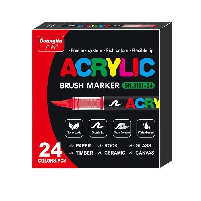 Set of straight liquid acrylic marker pens with soft flexible tips in multiple colour options