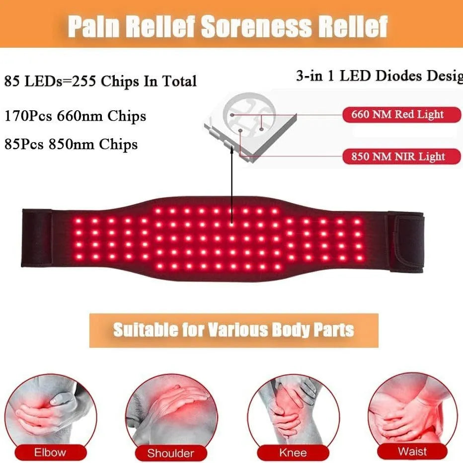 Black infrared red light physical therapy belt with heating for waist pain relief.