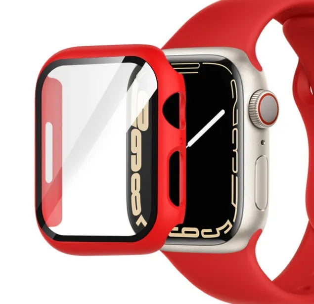 PC tempered film smartwatch case in various colours and sizes on a table