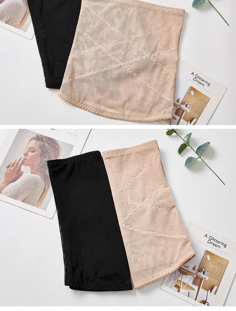 Black mesh postpartum waist shaping belt showing cross-waistband design for tummy slimming