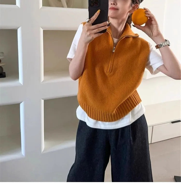 Retro half zip sleeveless knit vest in mesh polyester fabric with Japanese Korean casual styling
